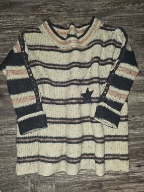 Free People Unique Striped Sweater in Cream, Black & Peach Oversized L